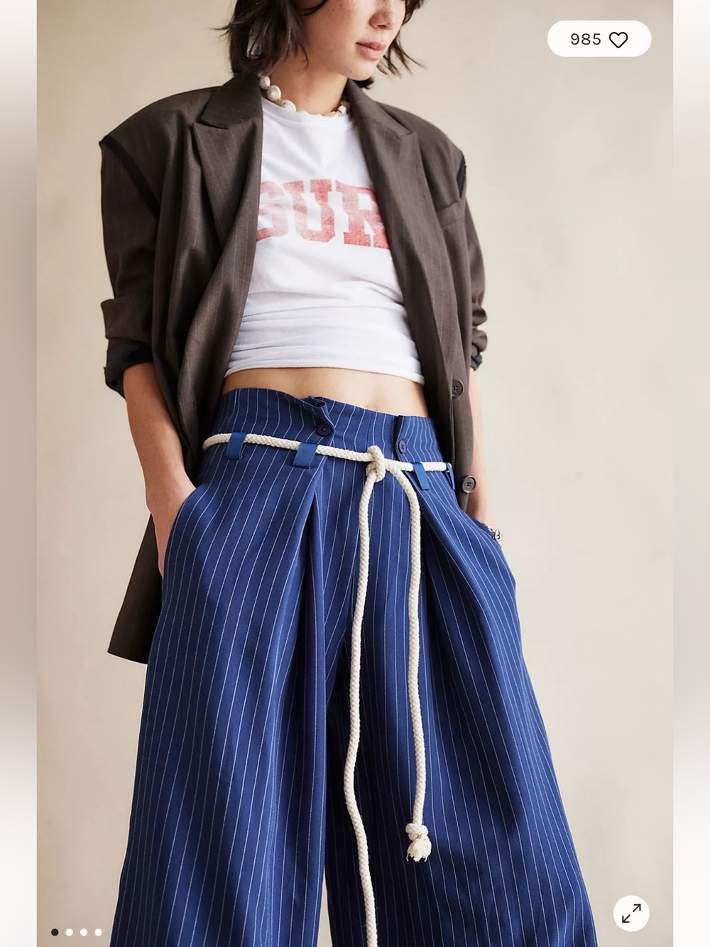 💙 Free People Dimes Tie Pinstripe Wide-Leg Trousers Navy NWT Size 8